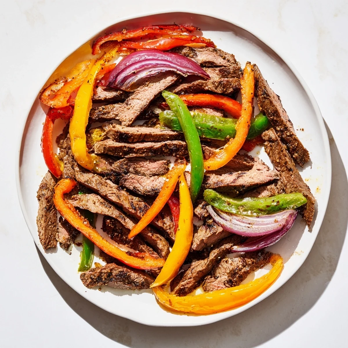 Golden sheet pan steak fajitas with charred peppers, perfect for wrapping in warm tortillas.