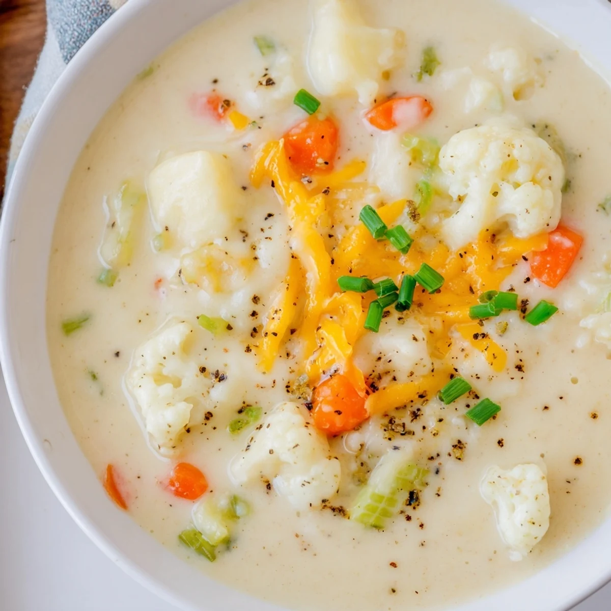 A steaming bowl of Creamy Cauliflower Chowder with cheddar, garnished and ready to be served.