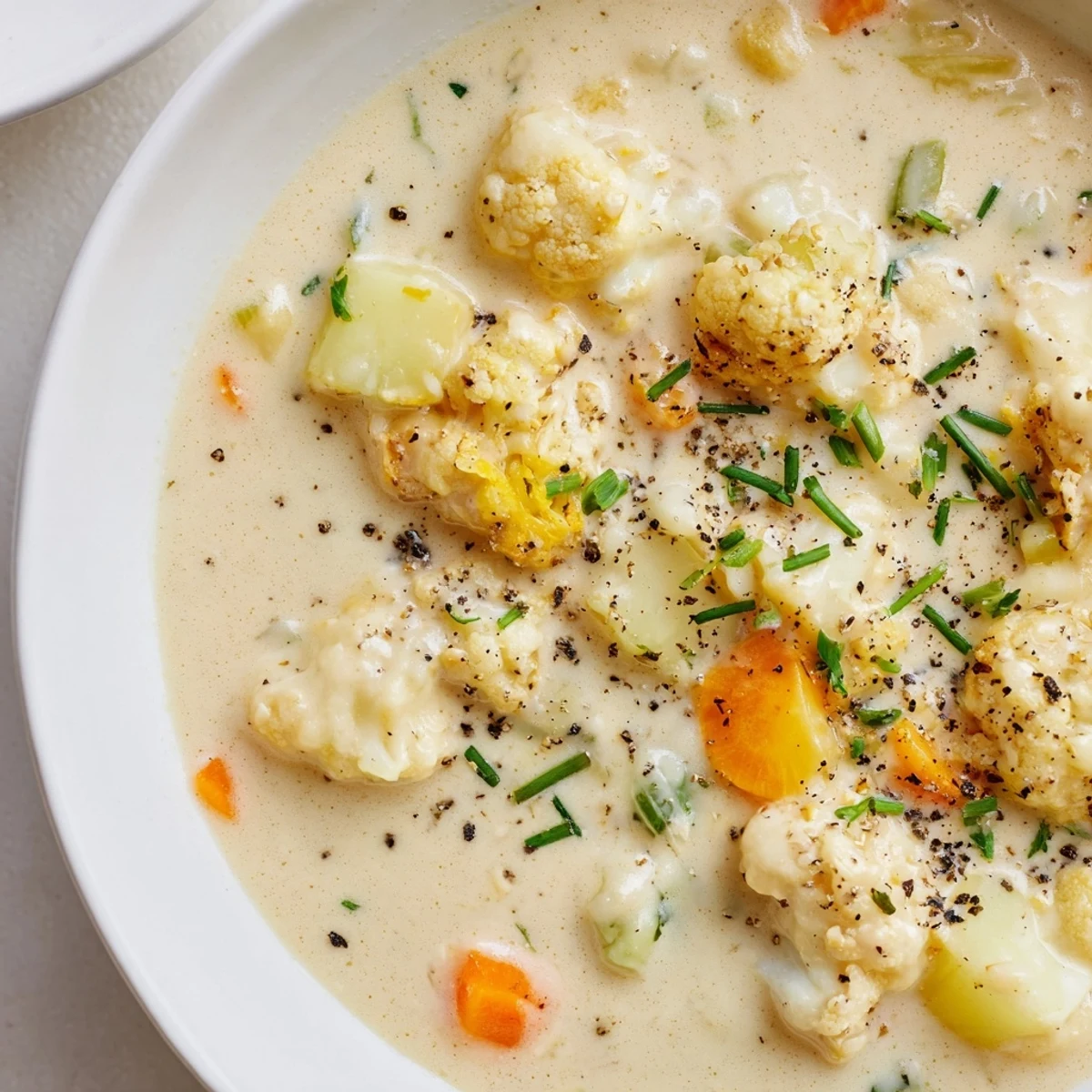 Thick and creamy Creamy Cauliflower Chowder, showcasing chunks of cauliflower and melted cheddar cheese.