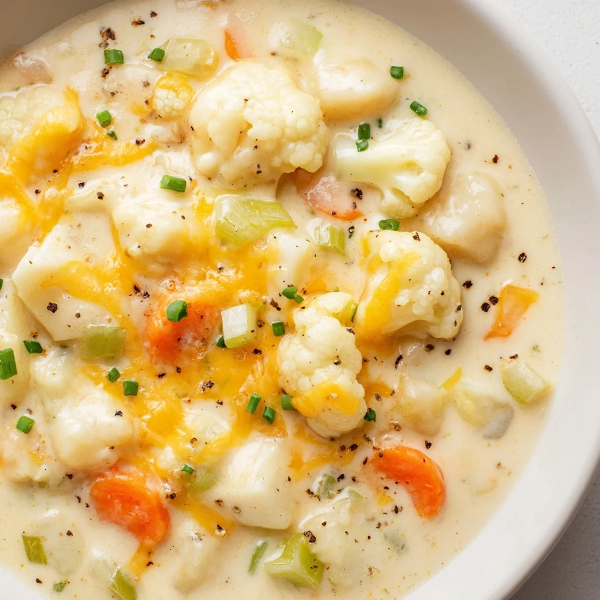 Close-up of a richly textured bowl of Creamy Cauliflower Chowder, highlighting the velvety, cheesy broth.