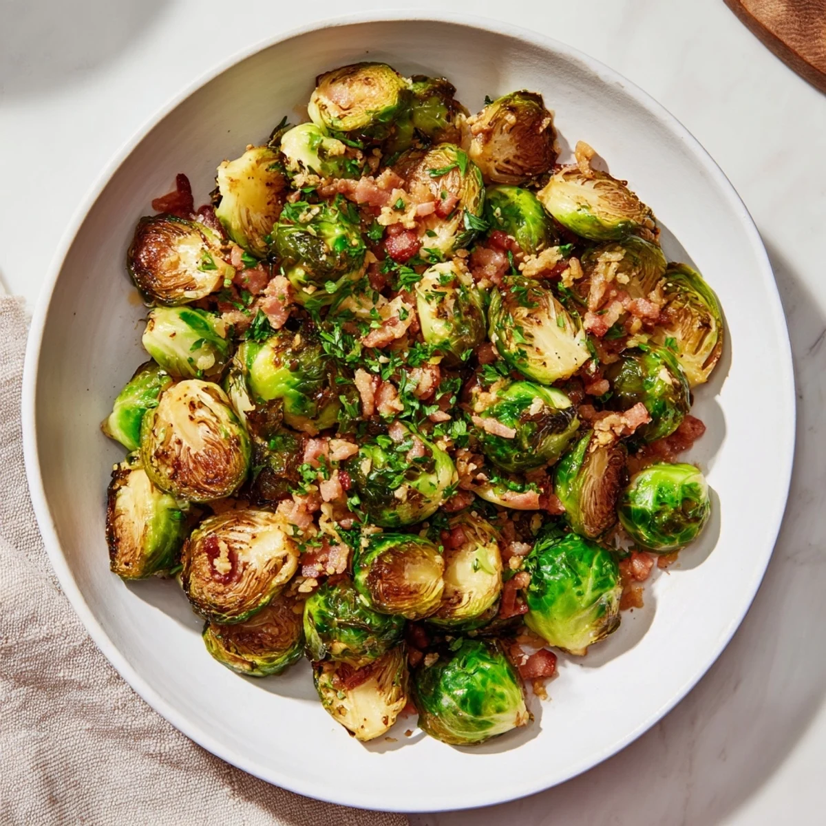 Crispy Roasted Brussels Sprouts with Turkey Bacon, perfectly golden brown with savory bacon crumbles, ready to serve.