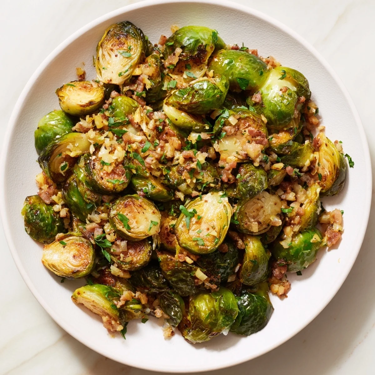 Vibrant image of Roasted Brussels Sprouts with Turkey Bacon, a delightful mix of textures and flavors, ready to enjoy.