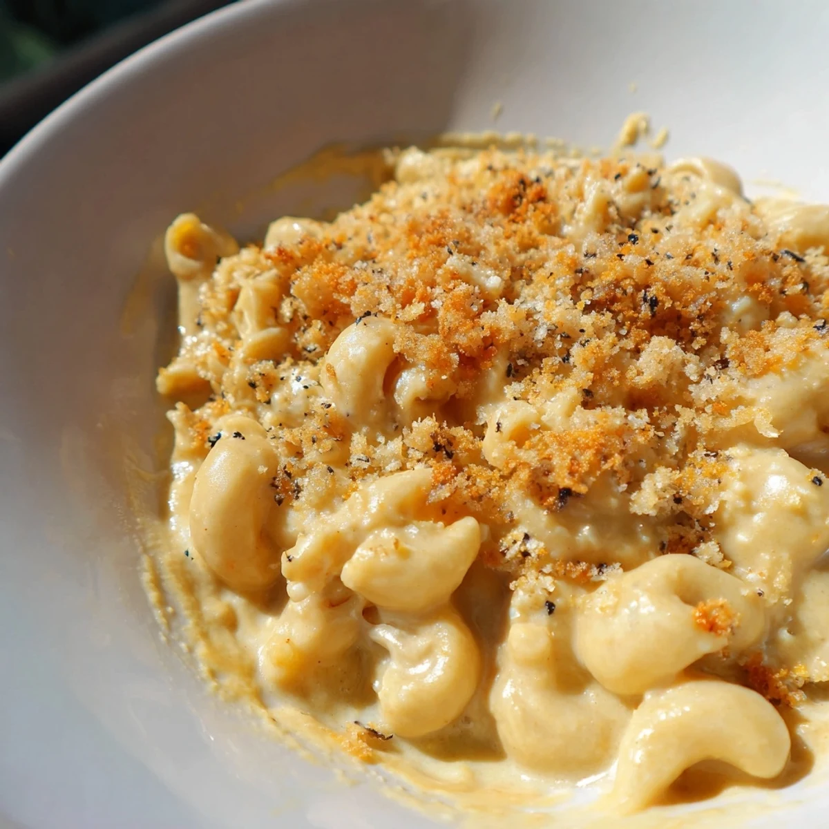 Creamy Vegan Butternut Squash Mac and Cheese, with a golden brown crust, ready to serve.