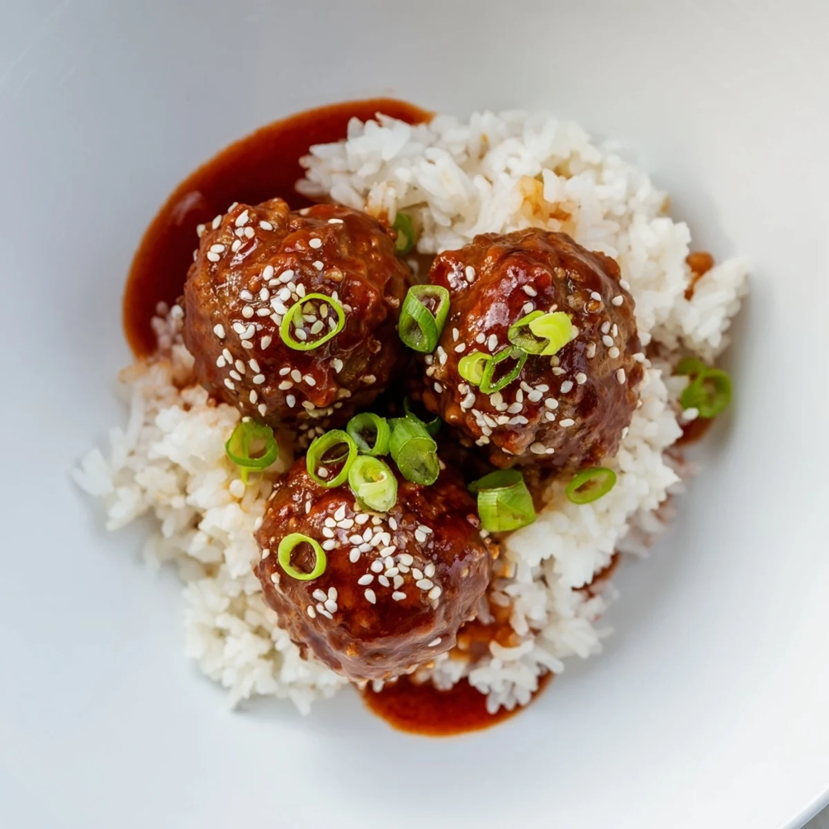 Steaming rice topped with savory, glistening Spicy Sriracha Beef Meatballs—a comforting and flavor-packed meal.