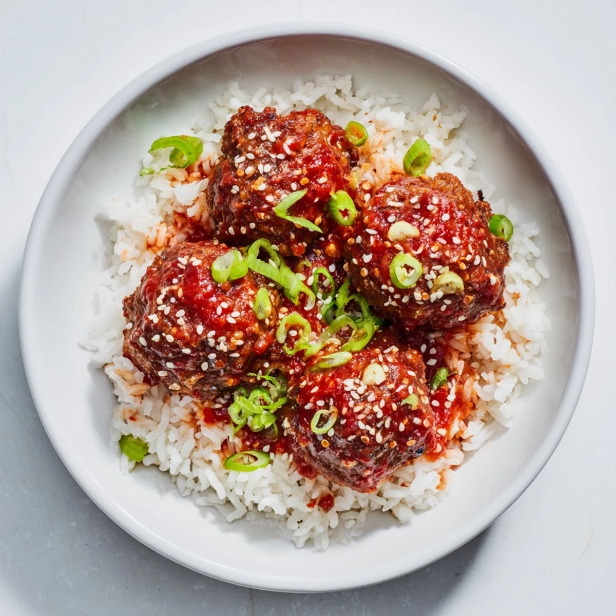 These fiery Spicy Sriracha Beef Meatballs, coated in a sticky sauce, rest enticingly atop a bed of fluffy white rice.