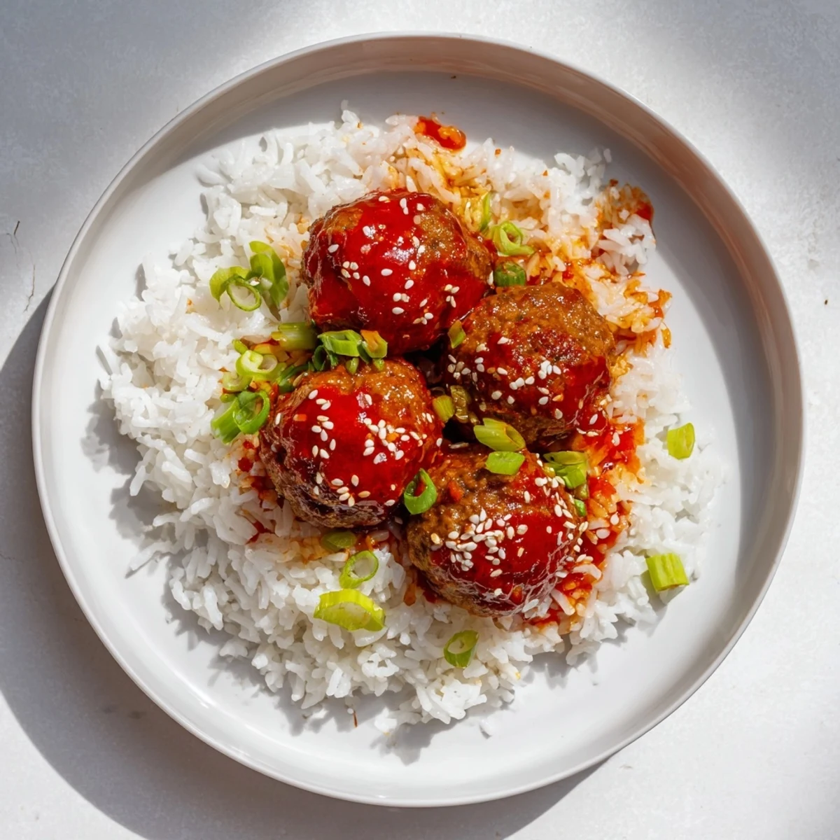 Close-up of tender Spicy Sriracha Beef Meatballs, bursting with umami and spice, ready to serve over rice.
