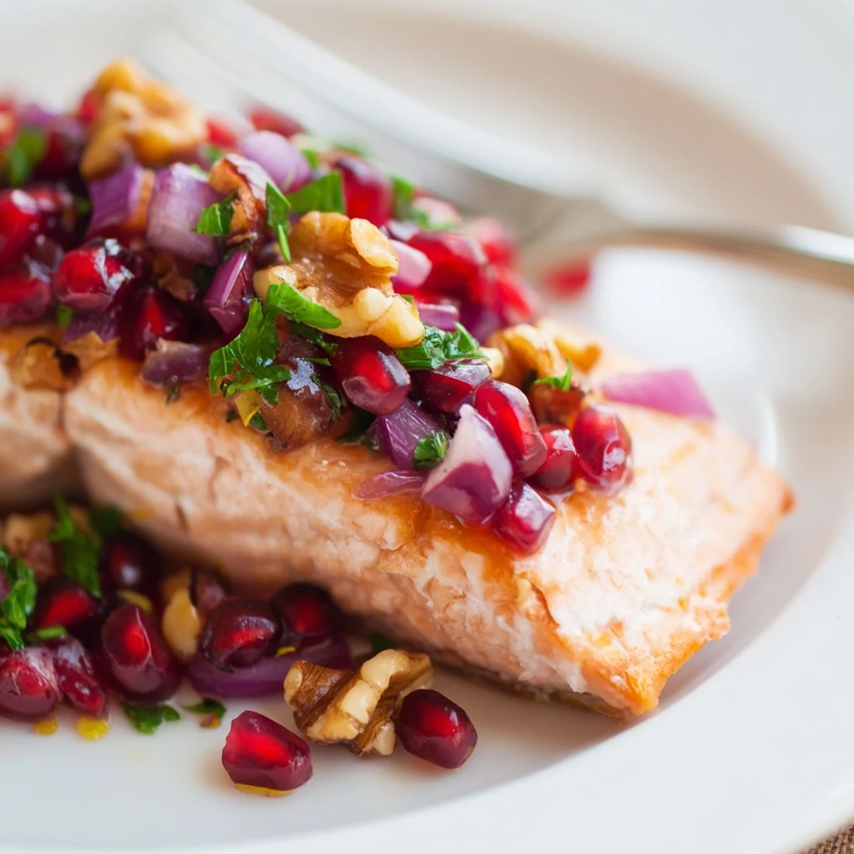 Bright red pomegranate seeds and walnuts crown the baked salmon, offering a burst of flavor.