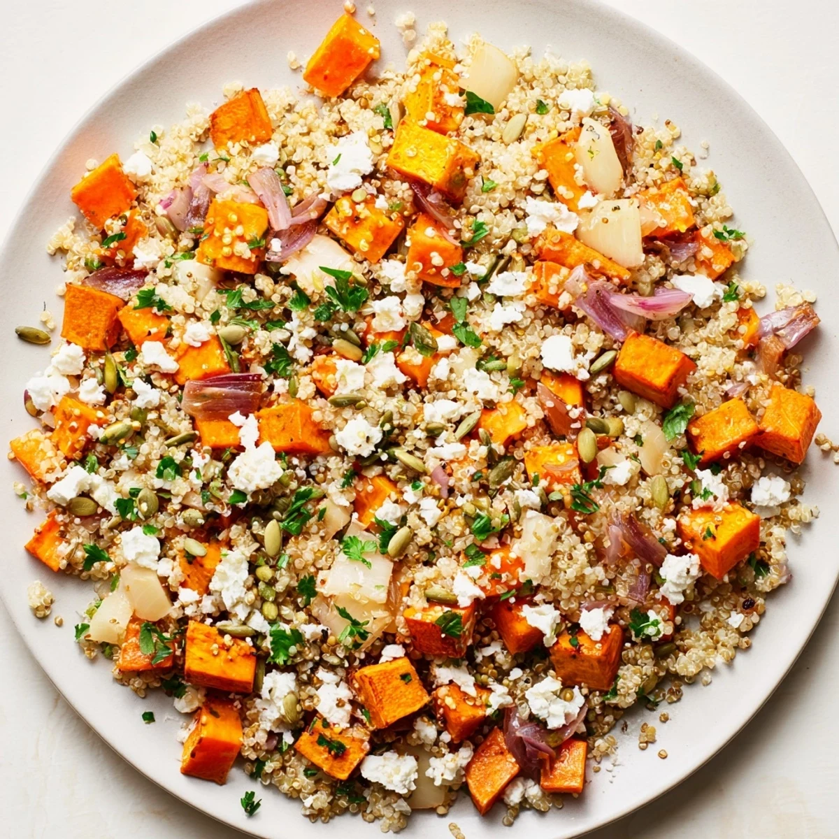 Warm Quinoa Salad with roasted root vegetables, a healthy bowl of colorful, caramelized goodness.