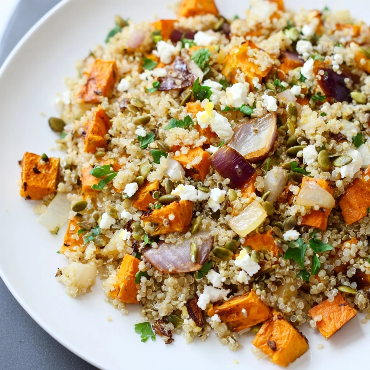 This Warm Quinoa Salad, featuring vibrant veggies, is tossed in a bright lemon vinaigrette for flavor.