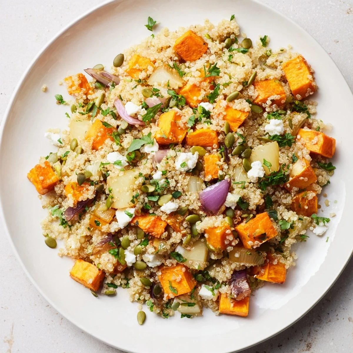 Delicious Warm Quinoa Salad: Fluffy quinoa, tender roasted vegetables, and a delightful, fresh flavor profile.