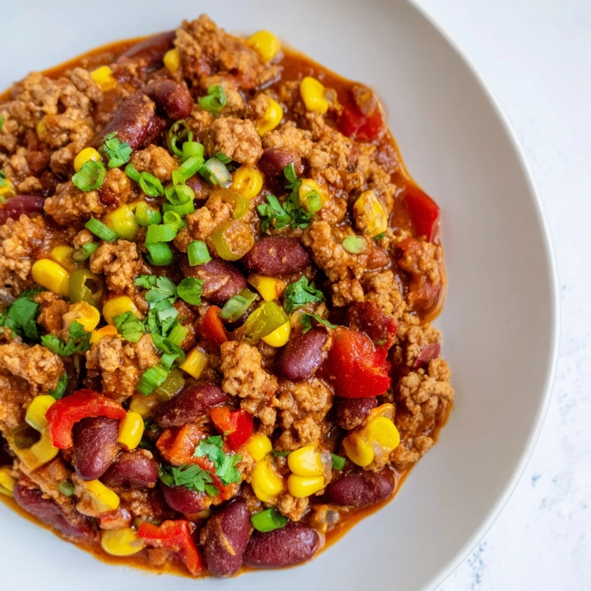 A close up of a beautifully garnished turkey chili, featuring a rich, tomato base.
