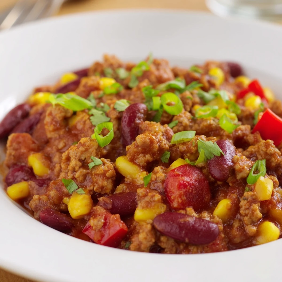 Steaming bowl of turkey chili with kidney beans and vibrant corn, ready to be served.