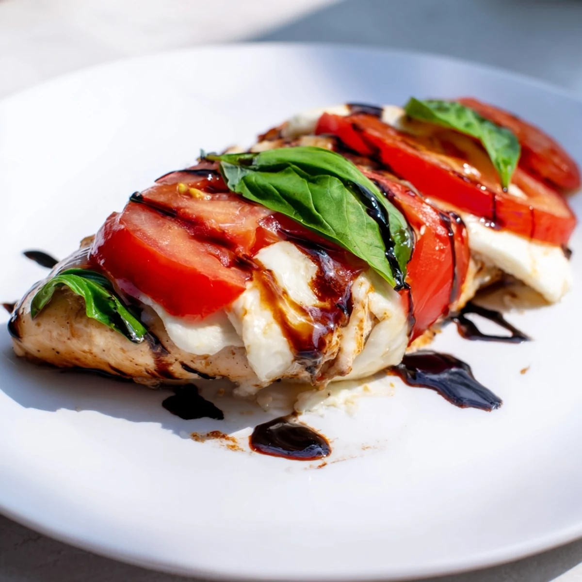 Golden, bubbly Caprese stuffed chicken breast with melted cheese, juicy tomatoes, and fresh basil, ready to serve.