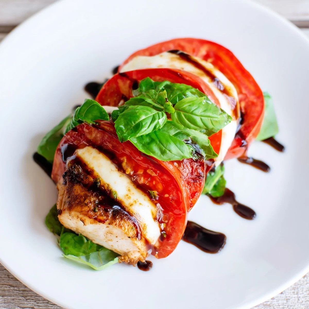 Baked Caprese stuffed chicken breast with a tangy balsamic glaze, showcasing Italian flavors and tempting textures.