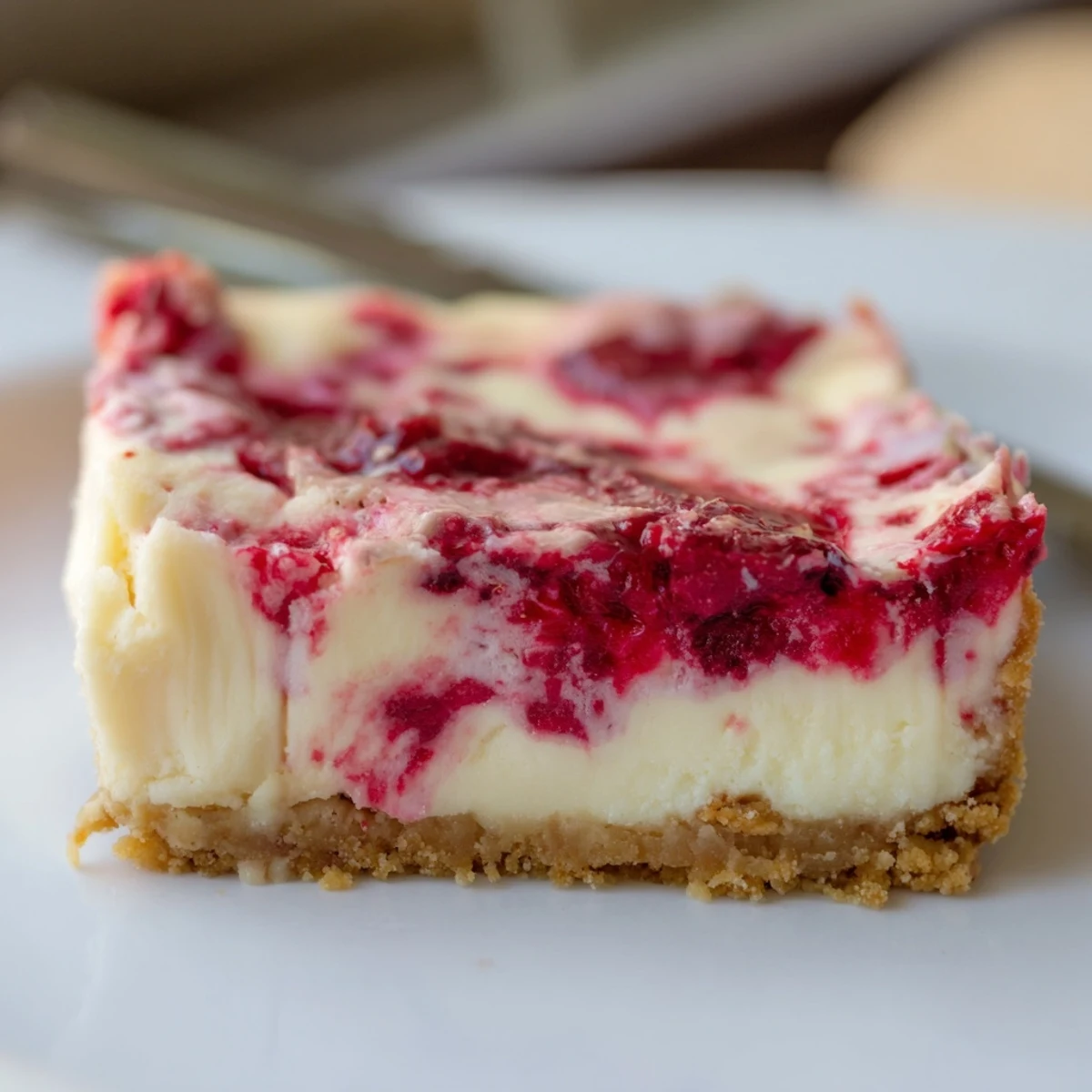 Freshly baked Raspberry White Chocolate Cheesecake Bars with a marbled pink swirl and golden graham cracker crust cooling on a marble slab.