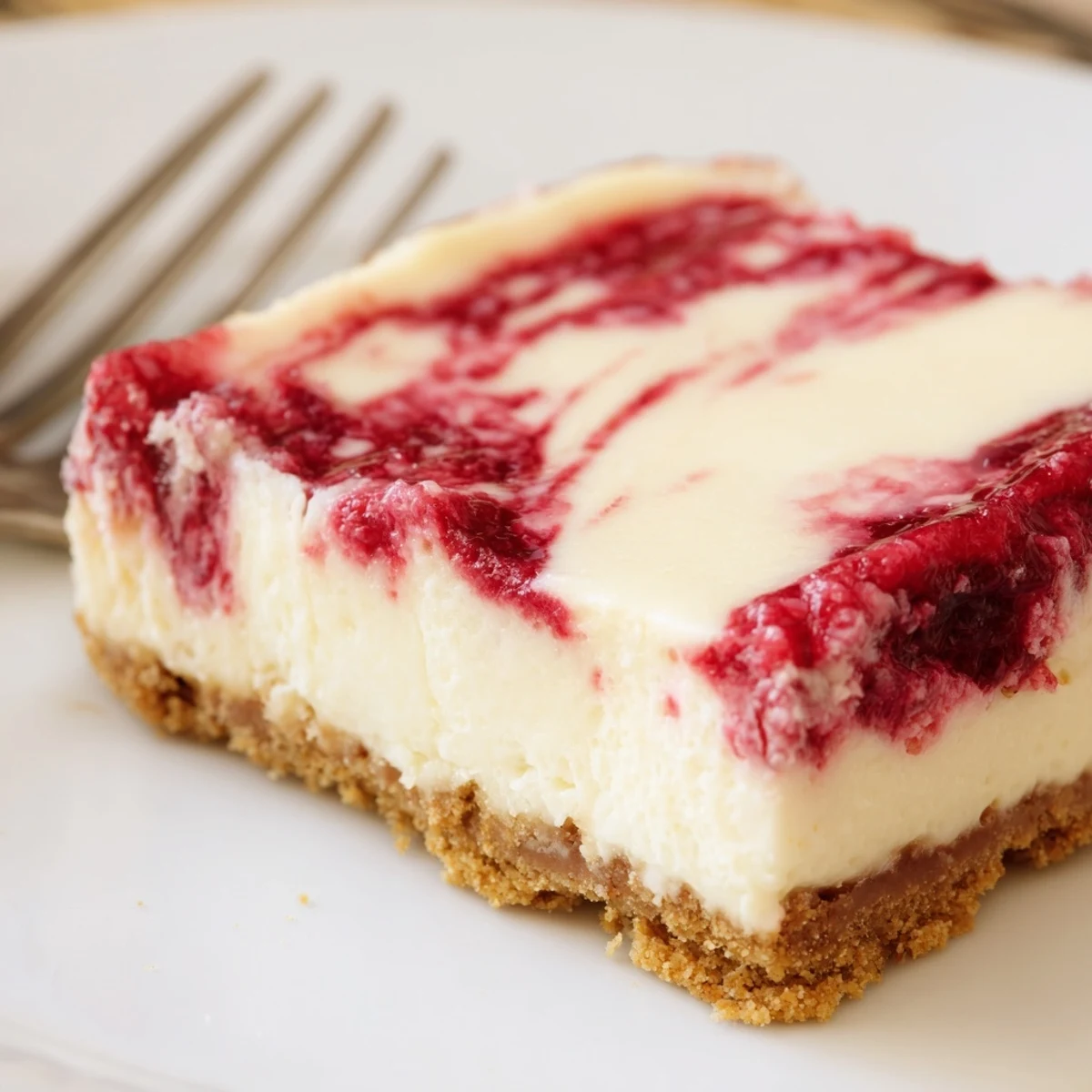 Sliced Raspberry White Chocolate Cheesecake Bars with visible graham cracker base and vibrant red berry swirl, perfect for a summer dessert party.