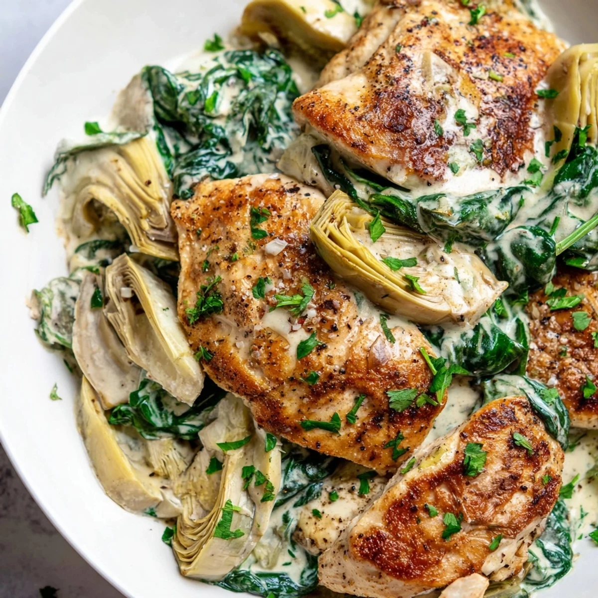Golden-brown chicken breasts simmering in a creamy artichoke and spinach skillet sauce, garnished with fresh parsley.