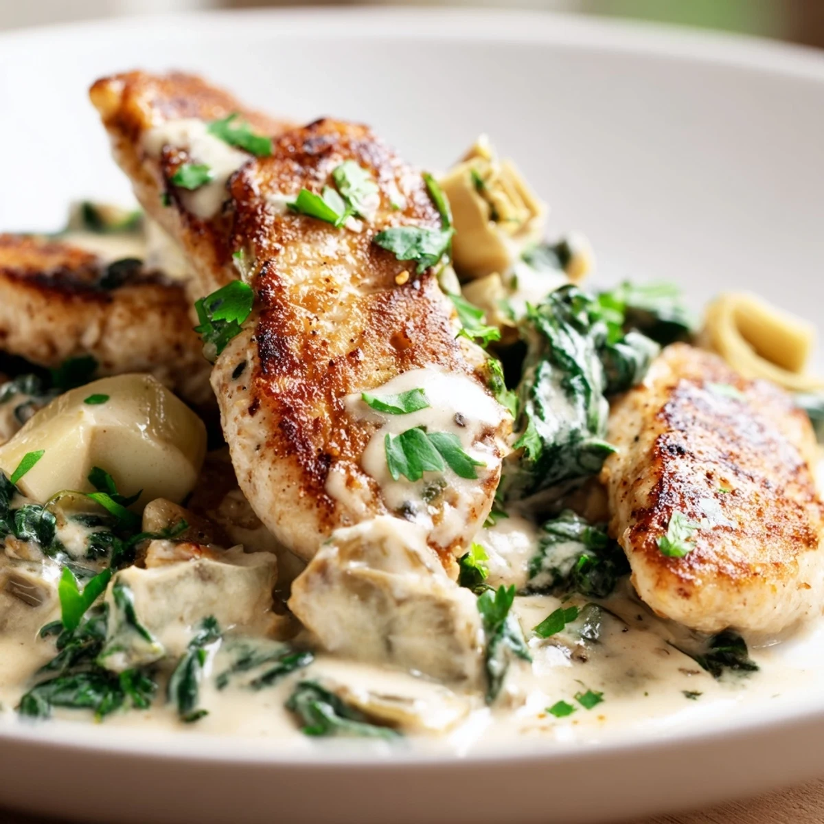 Creamy Spinach and Artichoke Chicken Skillet with wilted greens and tender artichokes, perfect for a comforting weeknight dinner.