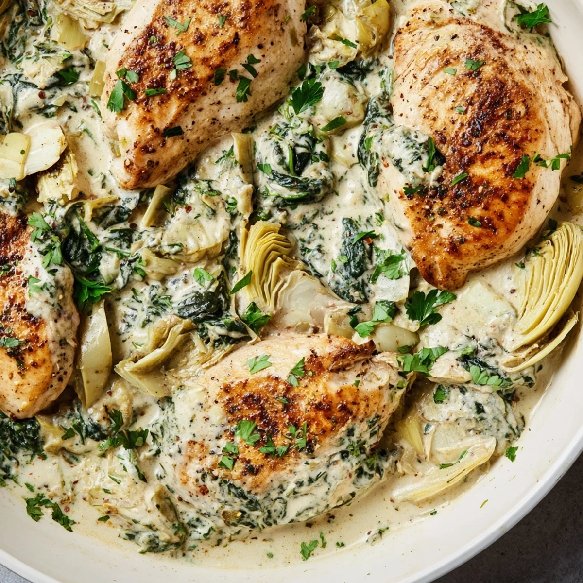 Juicy chicken breasts coated in a rich Parmesan cream sauce, paired with spinach and artichoke hearts in a skillet.