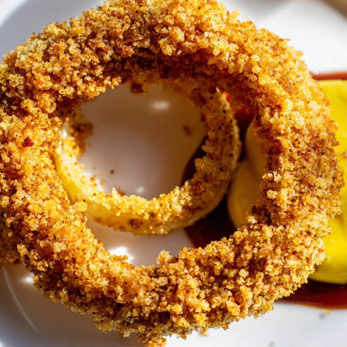Golden, crunchy Crispy Air Fryer Onion Rings with Burger Sauce piled high on a plate, ready to dip.