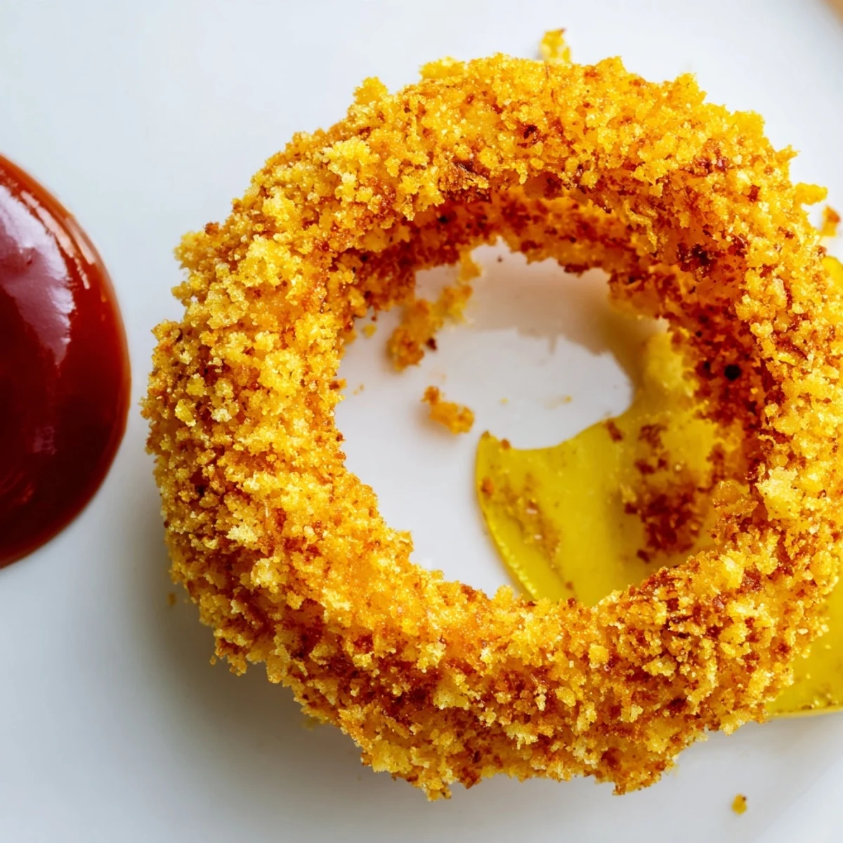Freshly cooked Crispy Air Fryer Onion Rings steaming beside a small bowl of homemade burger sauce.