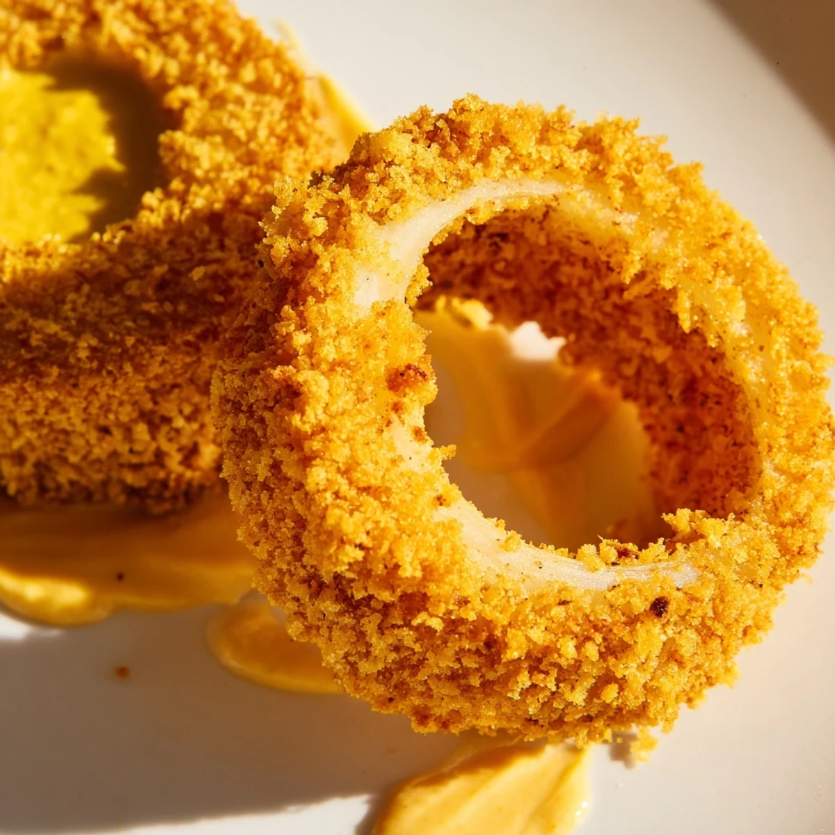 A hand dipping a golden Crispy Air Fryer Onion Ring into creamy orange burger sauce.