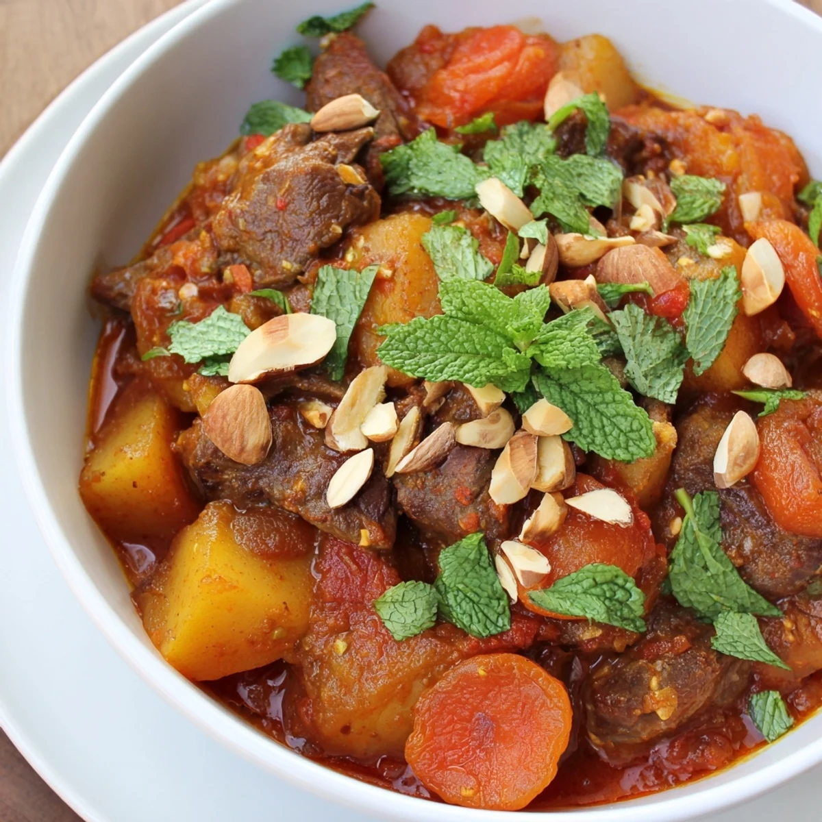 Tender lamb and carrots in a rich, citrus-scented Slow Cooker Moroccan Lamb Tagine, ready to be garnished with herbs. 