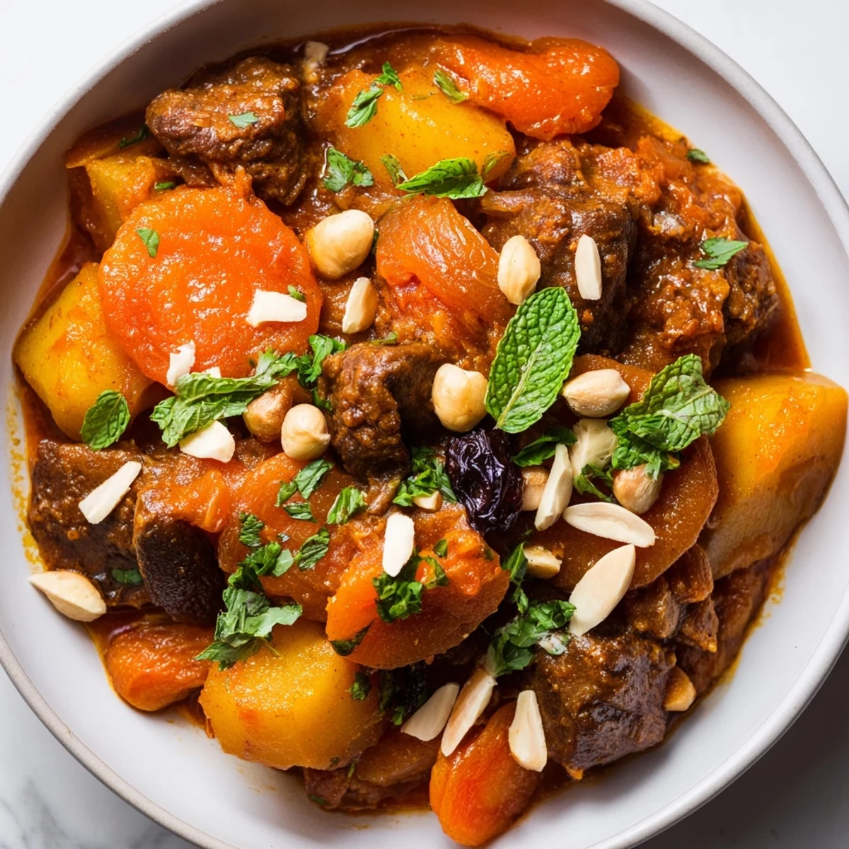 A family-style bowl of Slow Cooker Moroccan Lamb Tagine topped with toasted almonds and fresh cilantro for a comforting meal.