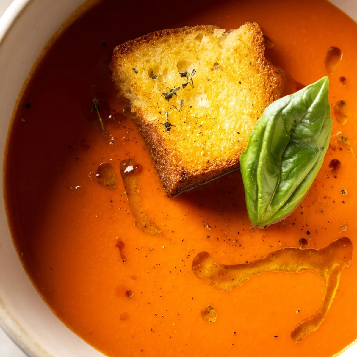 Warm bowl of Roasted Garlic and Tomato Basil Soup topped with golden, crunchy croutons.