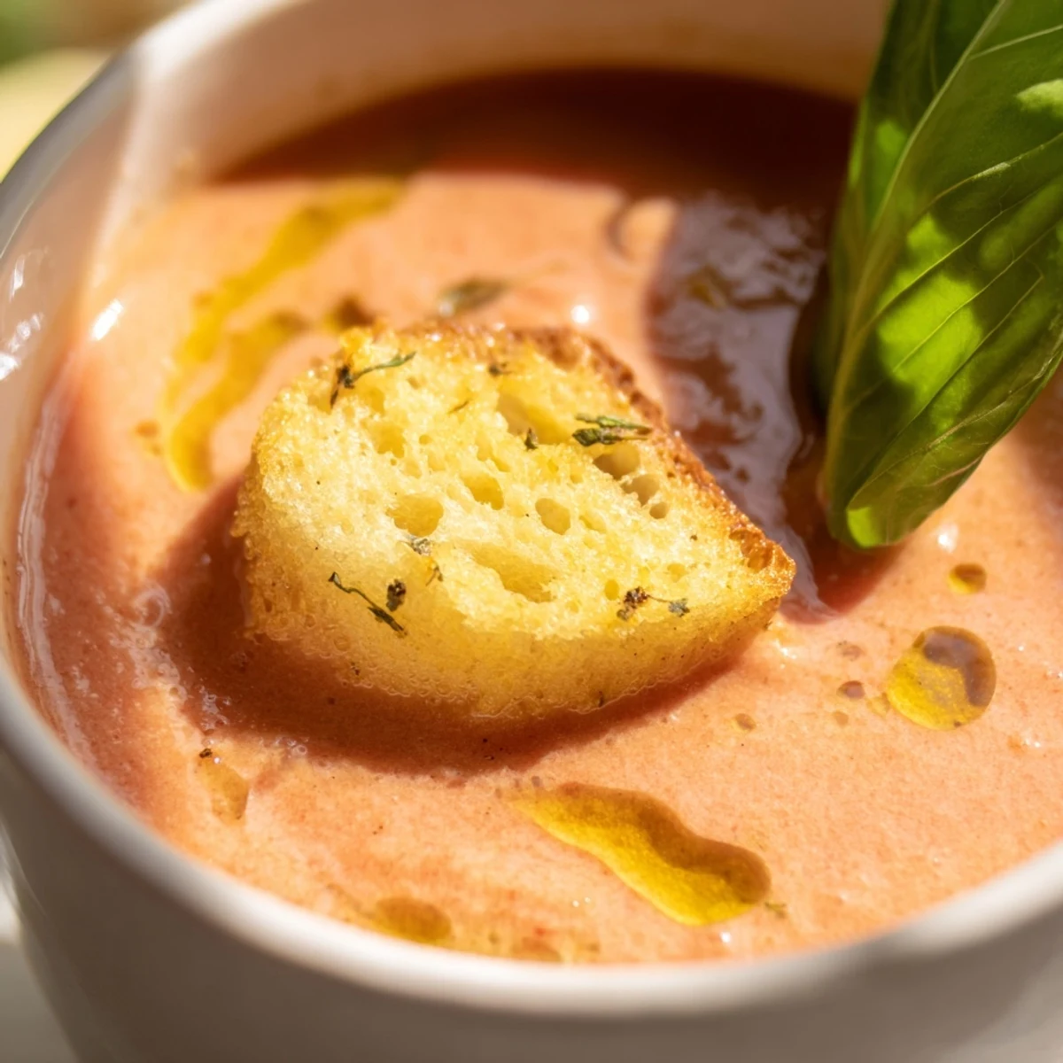 Creamy Roasted Garlic and Tomato Basil Soup served fresh in a rustic bowl.