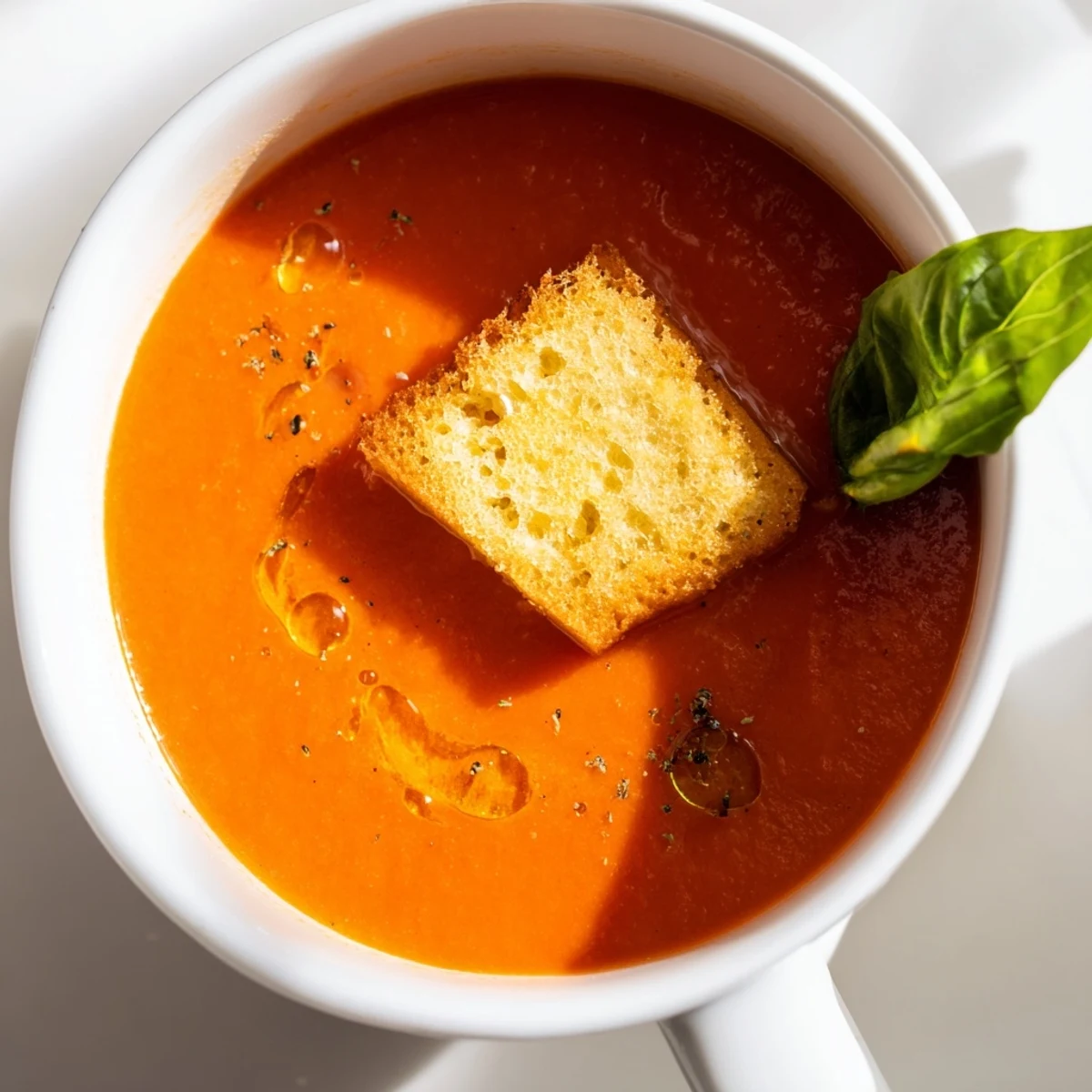 Close-up of homemade Roasted Garlic and Tomato Basil Soup with herb croutons.