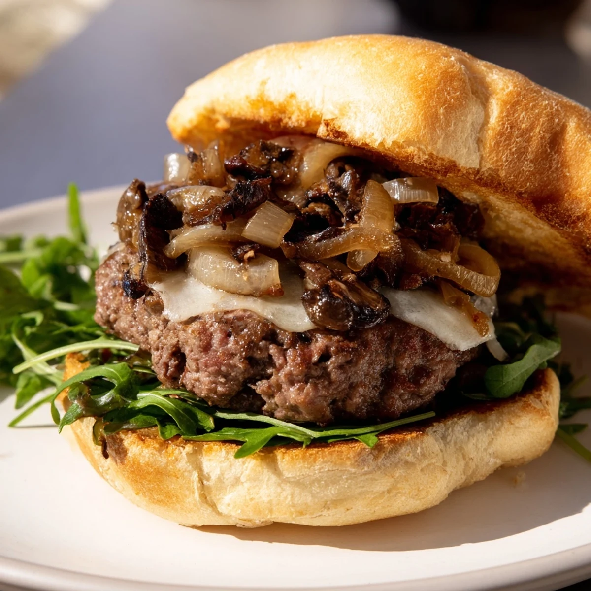 Sautéed mushrooms and golden caramelized onions top this gourmet Mushroom and Swiss Burger, ready to eat.