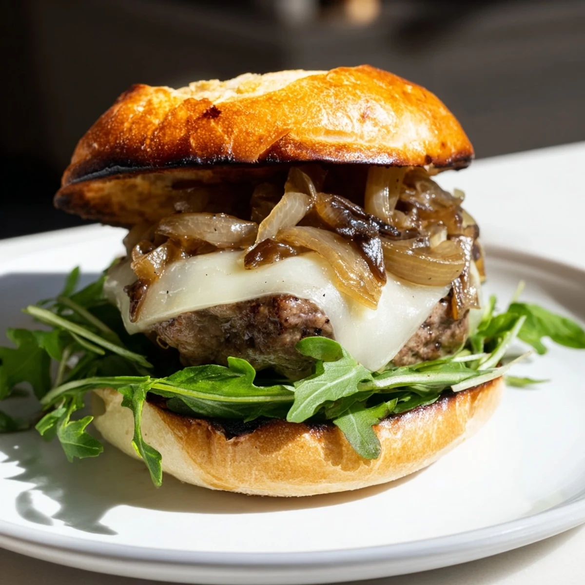 A plated Mushroom and Swiss Burger with melty cheese, sautéed mushrooms, and sweet onions, paired with fries.
