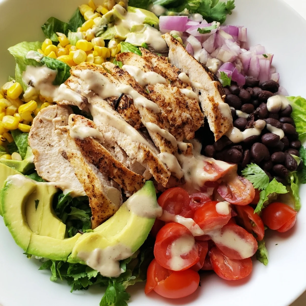 Freshly grilled chicken slices rest atop a crisp bed of romaine, corn, and black beans in this Southwest Chicken Salad, finished with a drizzle of creamy chipotle lime dressing.