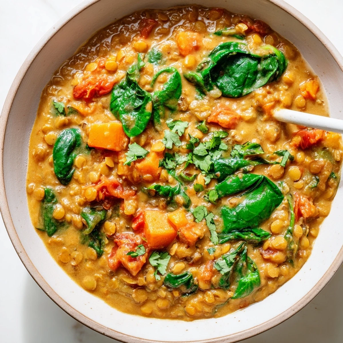 Creamy Coconut Curry Lentil Soup with Spinach steaming in a rustic bowl, topped with fresh cilantro and bright lime wedges.