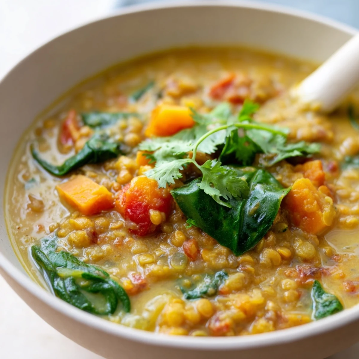 A ladle pours vibrant Coconut Curry Lentil Soup with Spinach into a white bowl, revealing tender lentils and fresh greens.