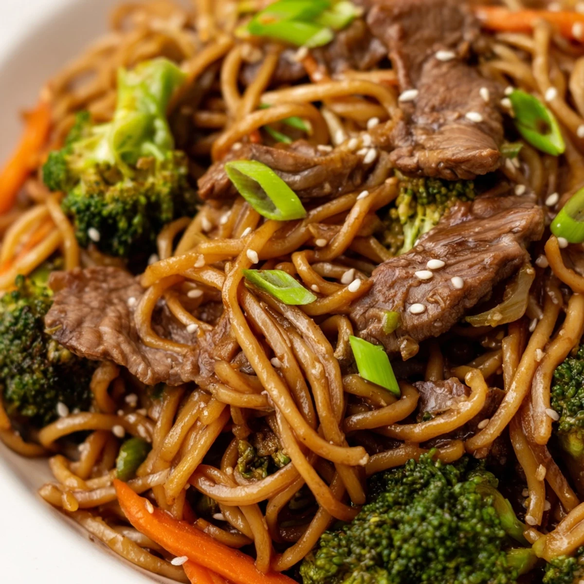 The finished Beef and Broccoli Lo Mein with Sesame Oil served hot, showcasing tender beef slices and crisp broccoli florets tossed with noodles.