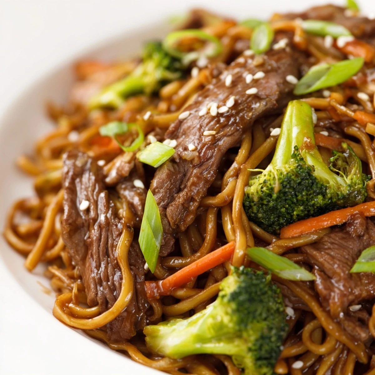 A close-up view of Beef and Broccoli Lo Mein with Sesame Oil featuring julienned carrots, green onions, and toasted sesame seeds.