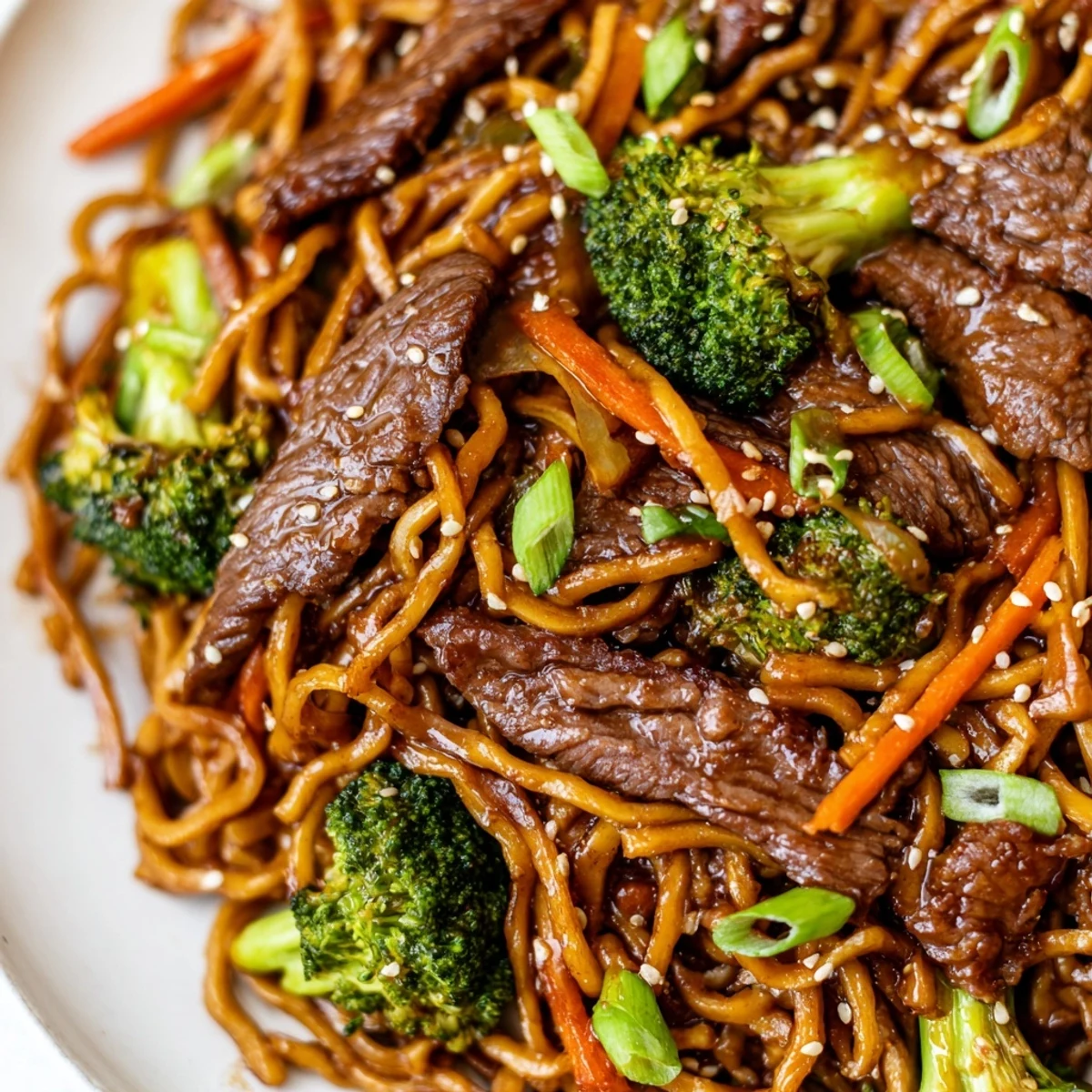 Steam rises from this Beef and Broccoli Lo Mein with Sesame Oil, highlighting sautéed vegetables and a glistening savory sauce coating the noodles.