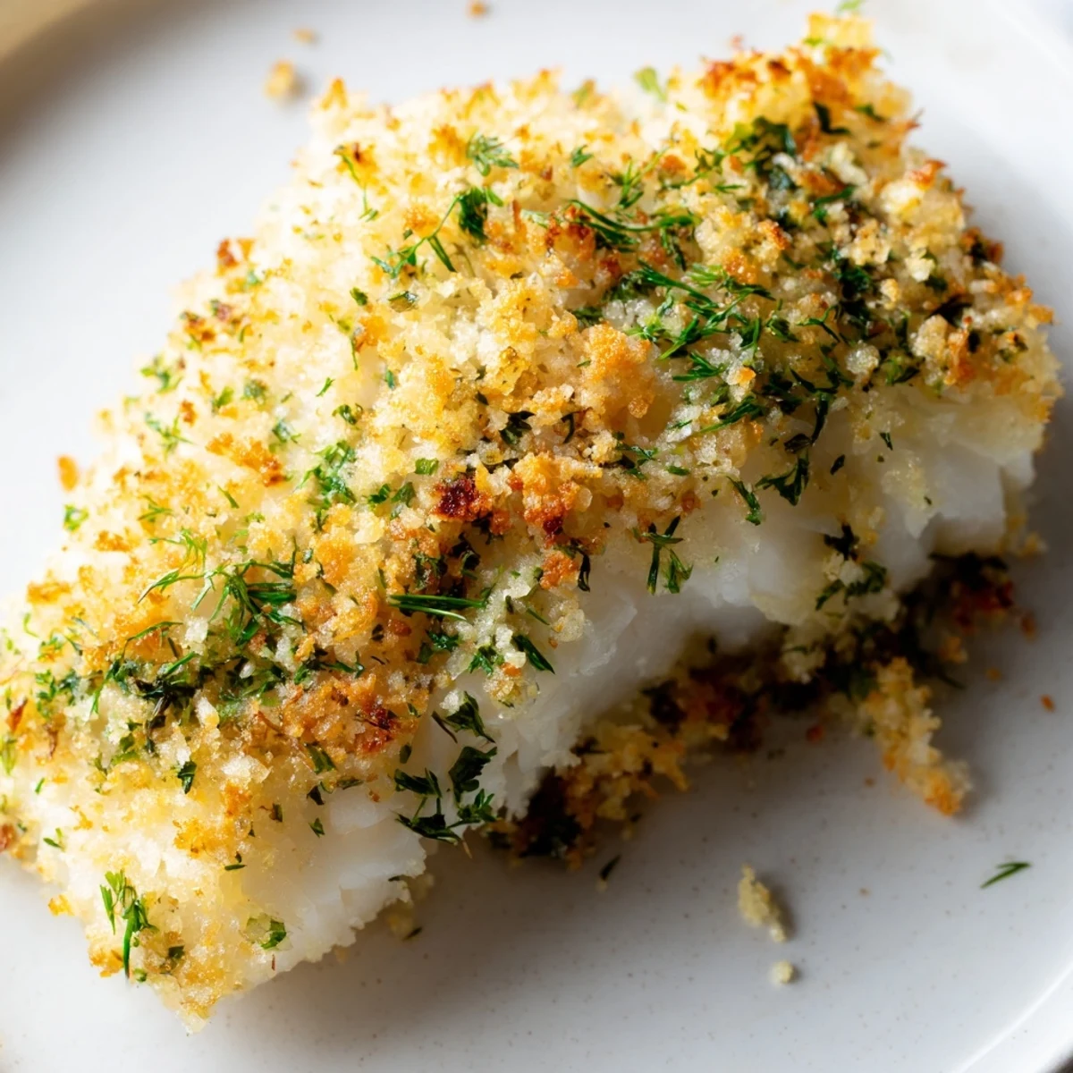 Flaky white fish fillets are topped with an aromatic, herby panko crust baked until perfectly golden brown.