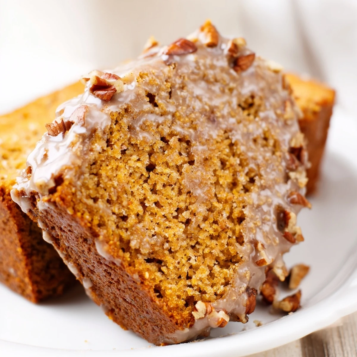 Freshly baked Spiced Pumpkin Latte Loaf Cake with visible pumpkin seeds on top, served on a rustic wooden board.