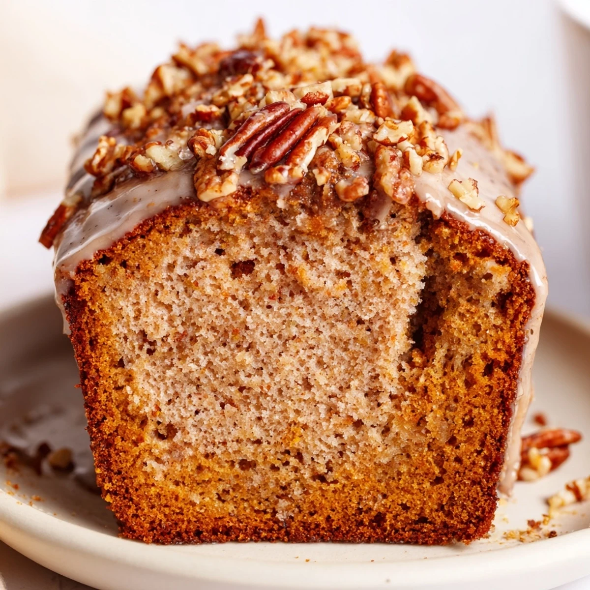 Moist, golden-brown Spiced Pumpkin Latte Loaf Cake in a parchment-lined pan, cooling on a wire rack.