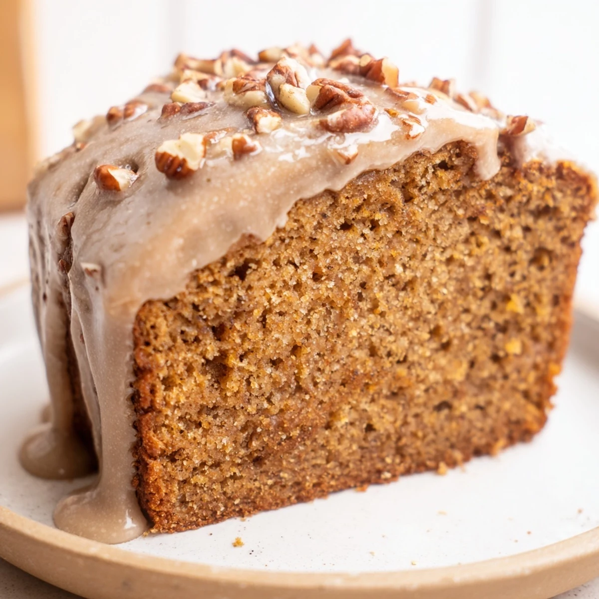 A thick slice of Spiced Pumpkin Latte Loaf Cake with a crumbly texture, paired with a steaming mug of coffee.