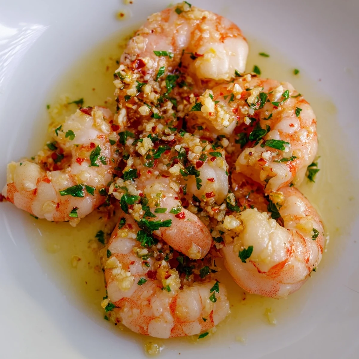 Bright pink prawns glisten in a zesty lemon garlic butter sauce with fresh parsley garnish.
