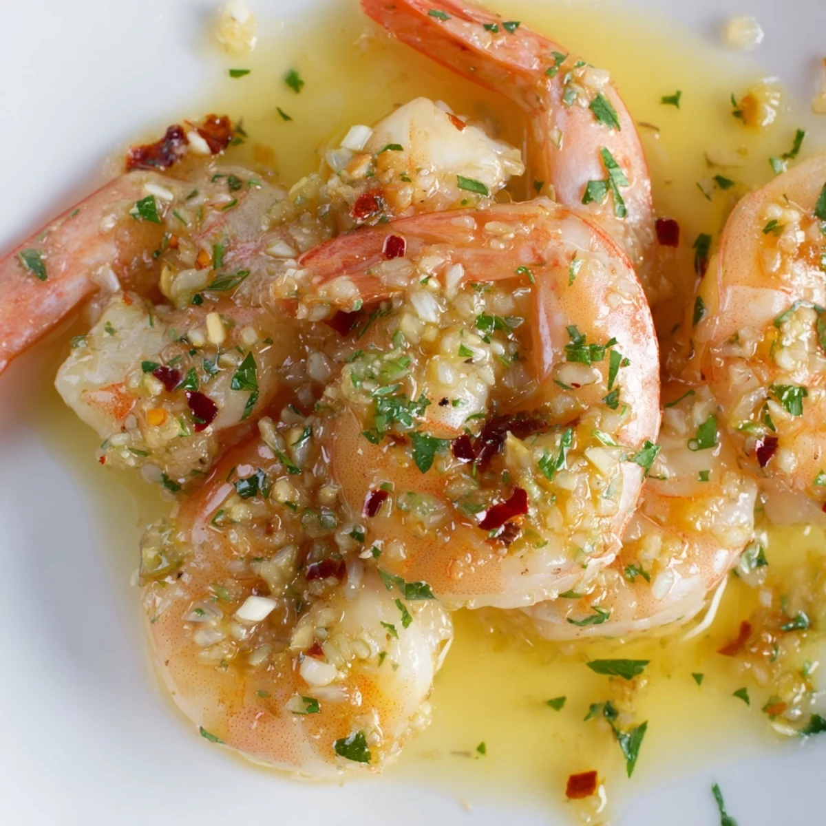 Golden prawns served over rice with a glossy lemon garlic butter sauce and bread.