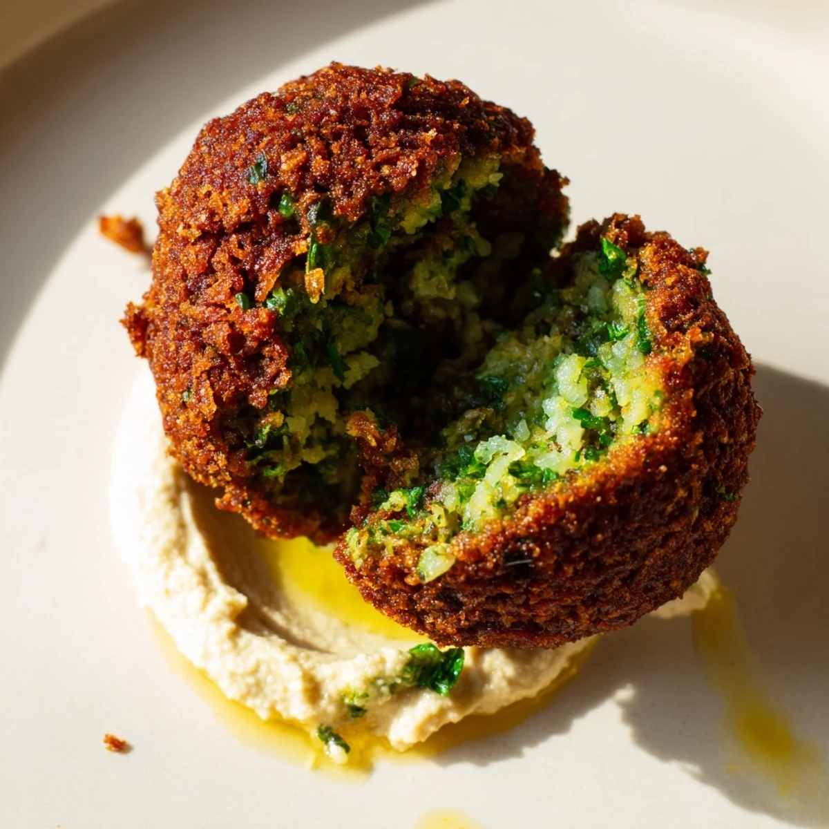 Crispy Herb Falafel with Hummus served on a rustic plate, drizzled with olive oil alongside sliced cucumbers and tomatoes.