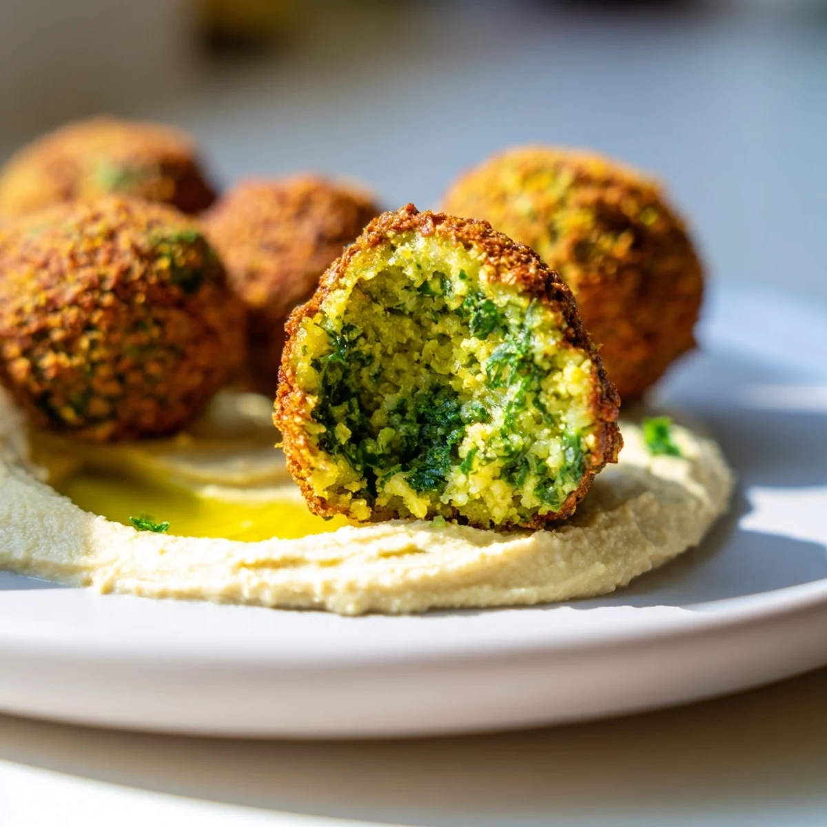 A close-up of Crispy Herb Falafel with Hummus showing golden, crunchy exteriors and a vibrant green herb filling.