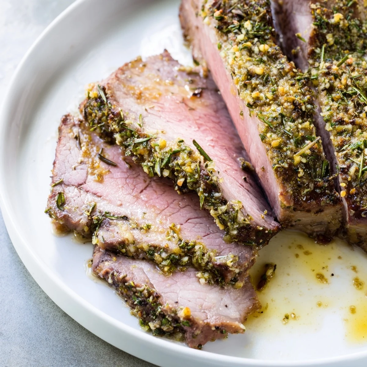 Golden-brown Herb Crusted Roast Beef Topside resting on a bed of roasted carrots and onions, glistening with pan juices.