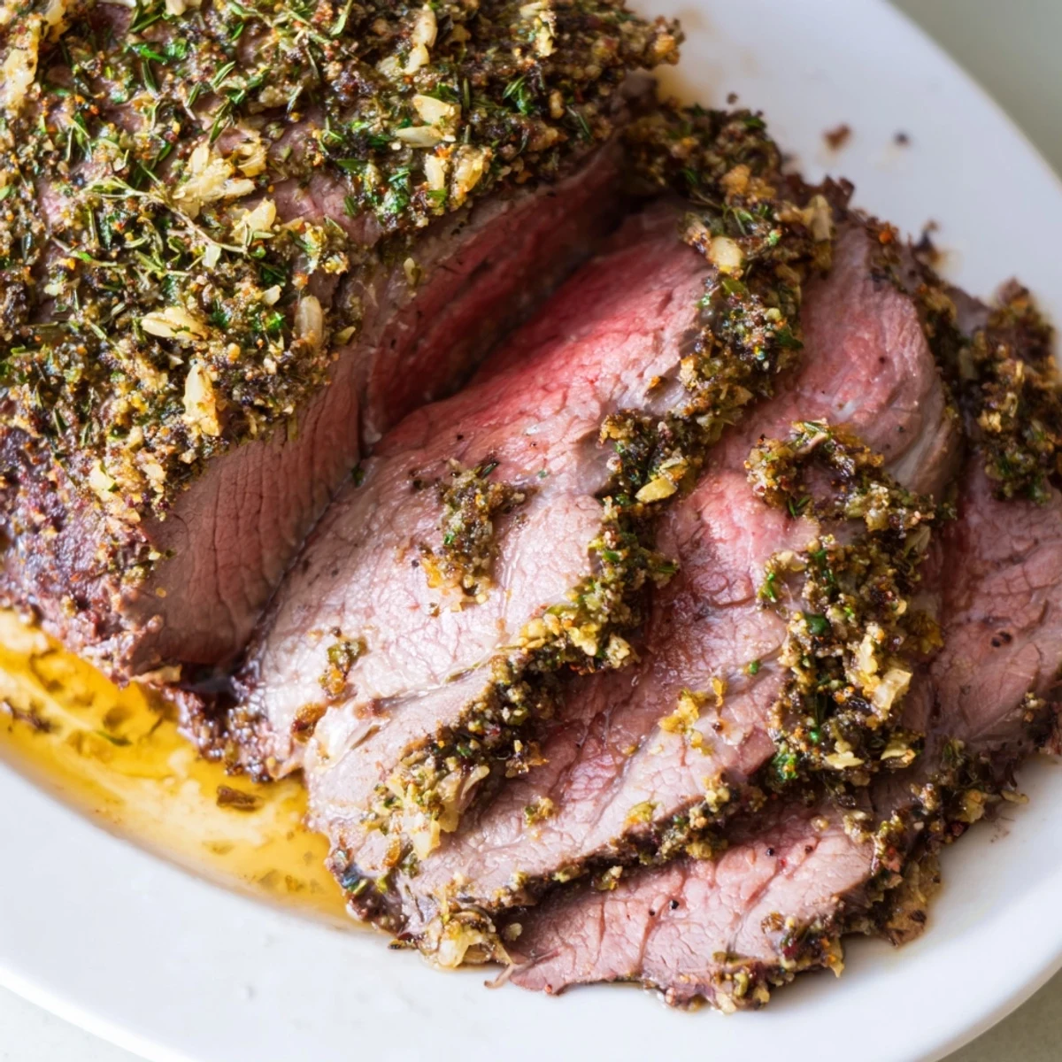 A fork tender piece of Herb Crusted Roast Beef Topside with a fragrant herb crust, ready to be enjoyed with gravy.