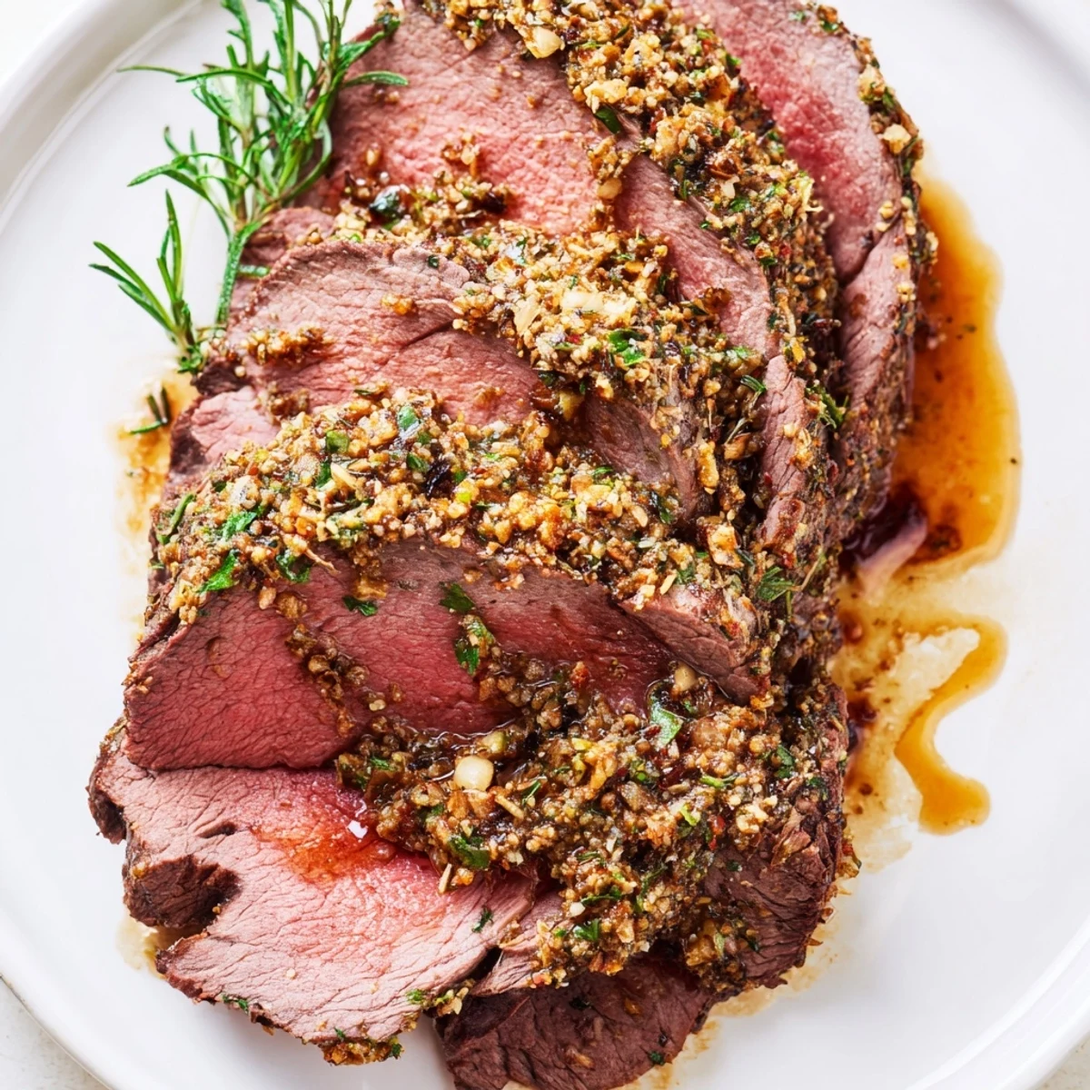 Sliced Herb Crusted Roast Beef Topside reveals a juicy, pink interior, served medium-rare on a rustic wooden cutting board.